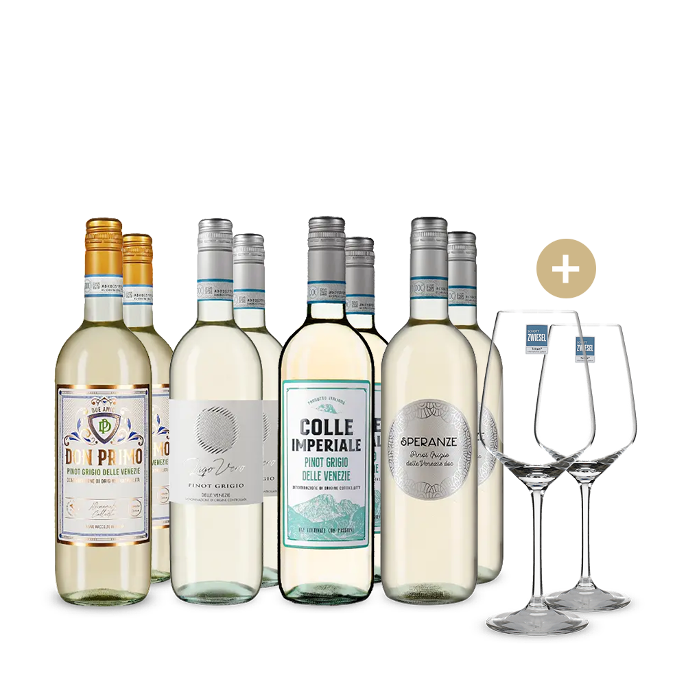 Aranyérmes pinot grigio sztárok 4x2-es csomagban + 2 borospohár – Gold