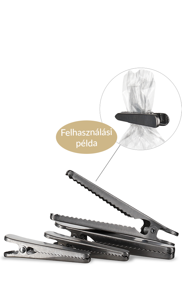 Borbáró rozsdamentes acél zacskózáró klipszek két méretben, 4 db-os készletben