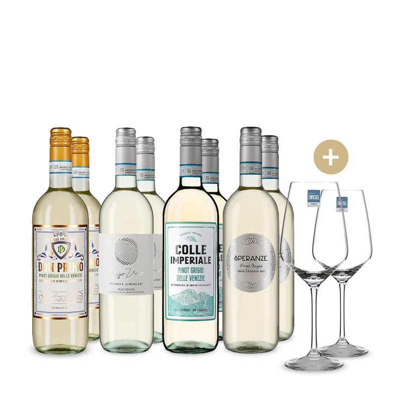 Aranyérmes pinot grigio sztárok 4x2-es csomagban + 2 borospohár – Gold