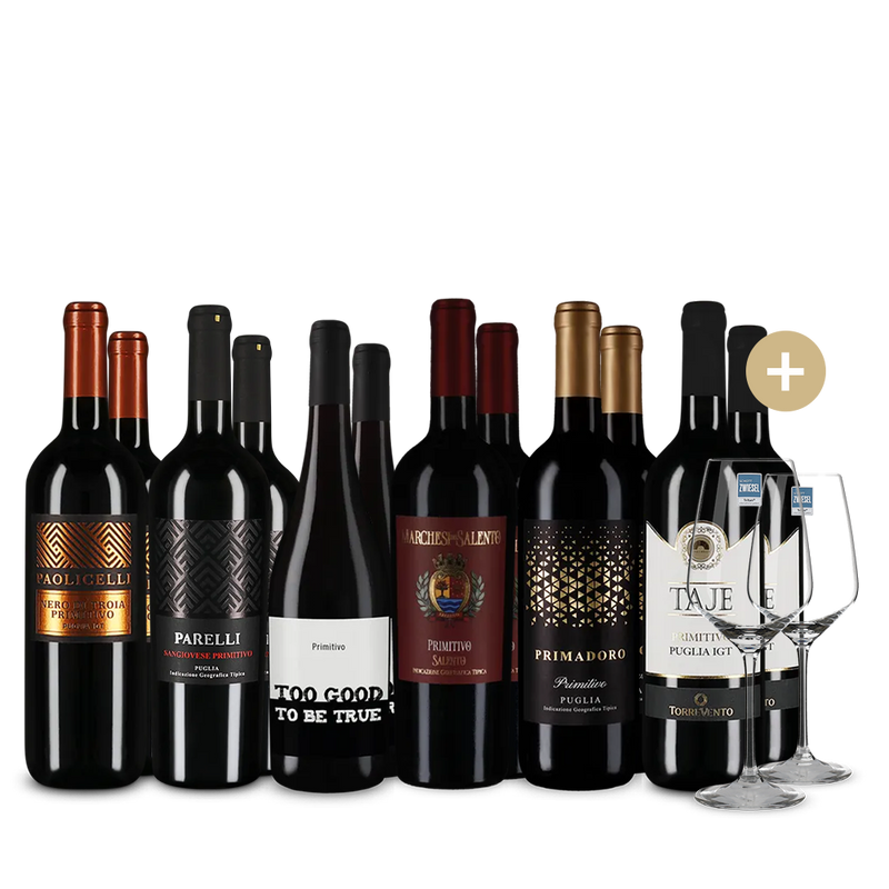 Primitivo XXL: A slágerek 6x2-es csomagban + 2 borospohár – Gold