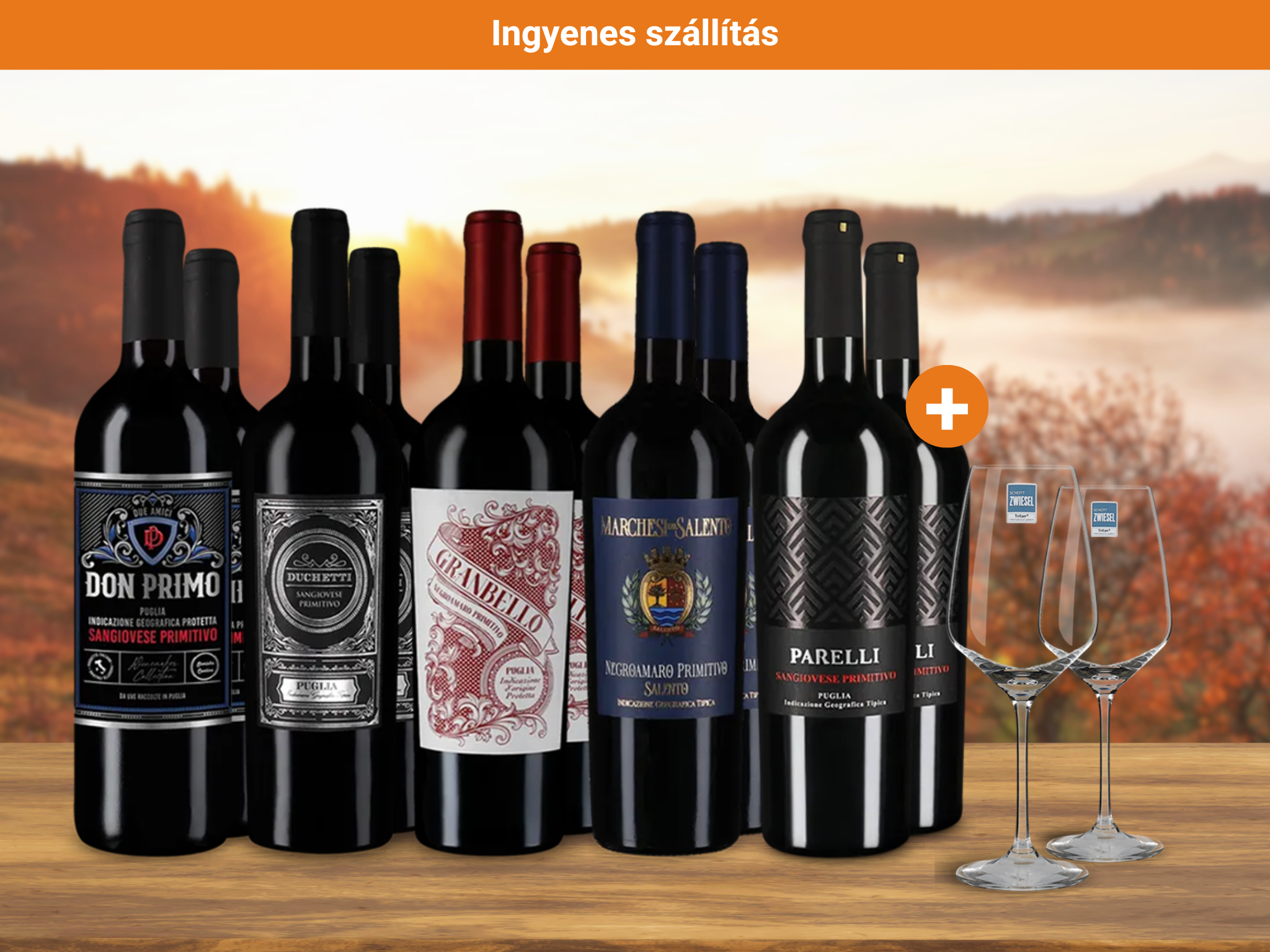 Primitivo sztárok 5x2-es csomagban + 2 borospohár Schott- Zwiesel