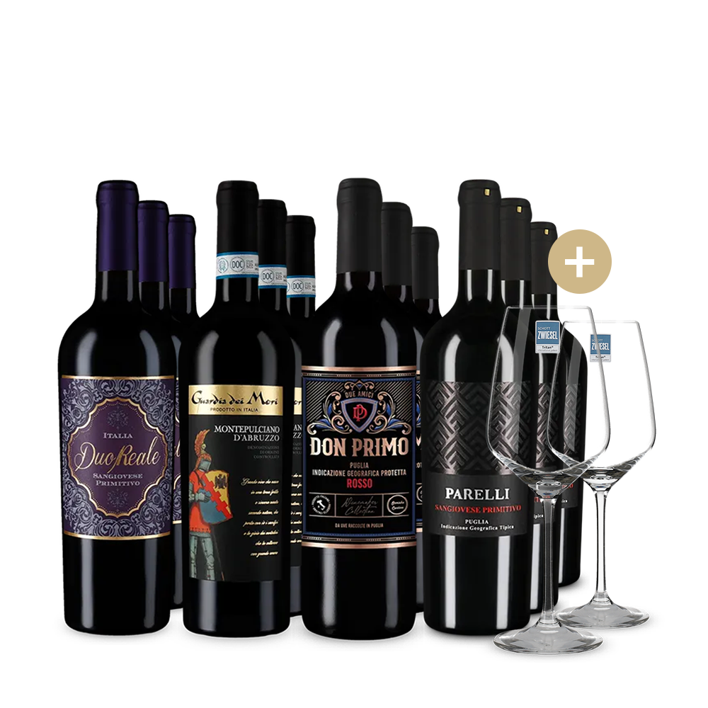 Olasz vörösborsztárok 4x3-as csomagban + 2 borospohár – Gold