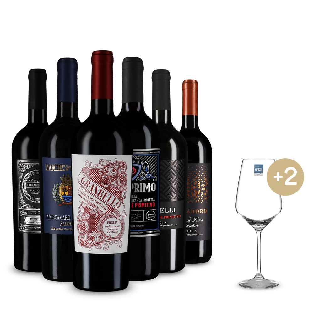 Primitivo slágerek + 2 borospohár 6-os csomagban