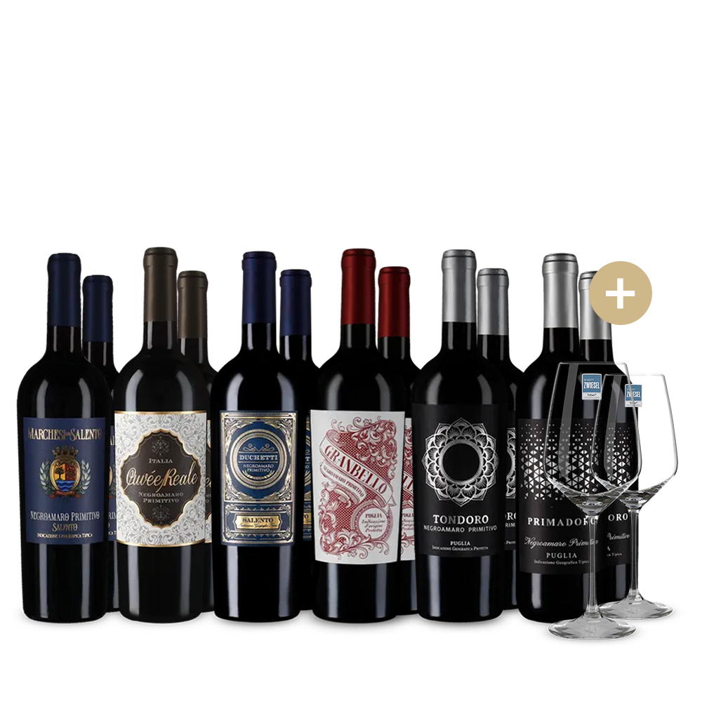 Tökéletes összhang: Pugliai cuvée-k 6x2-es csomagban + 2 borospohár – Gold