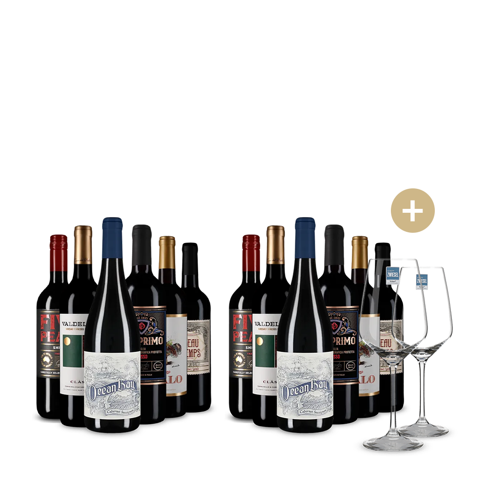 6+6 palack: Világ körüli út vörösborral + 2 borospohár – Gold