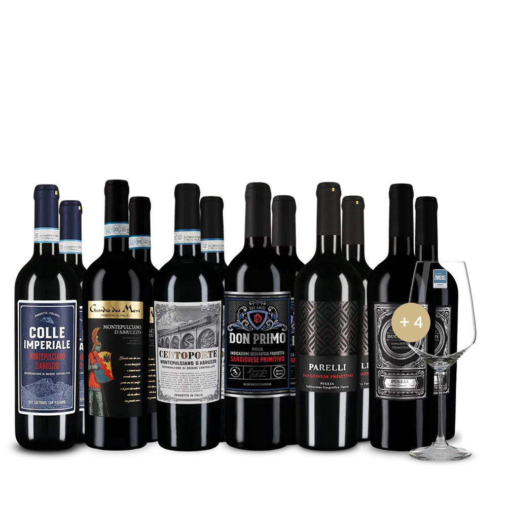 Montepulciano & Primitivo: Olasz álompár 6x2-es csomagban + 4 borospohár