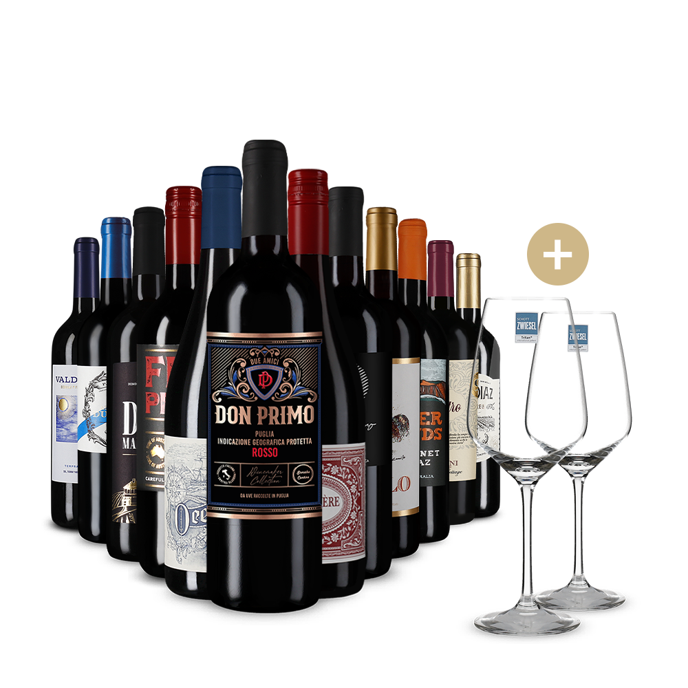 Nemzetközi vörösborsztárok 12-es jubileumi csomagban + 2 borospohár