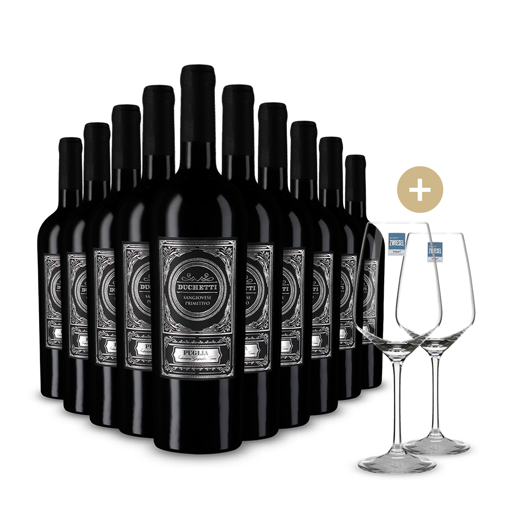 10 palack Duchetti Sangiovese Primitivo 2024 + 2 borospohár