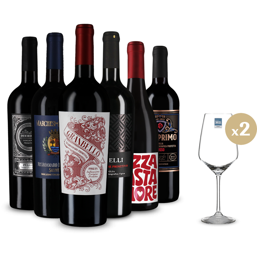 Primitivo & több: Vörösborslágerek 6-os csomagban + 2 borospohár