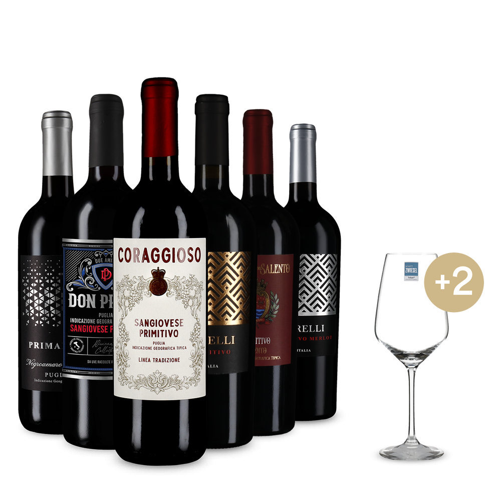 6x1 Primitivo felfedezőknek + 2 borospohár & ingyenes szállítás