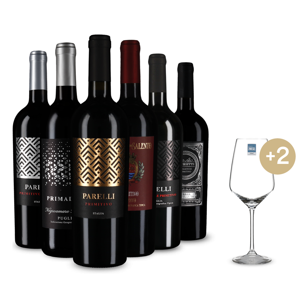 6x1 Primitivo felfedezőknek + 2 borospohár & ingyenes szállítás