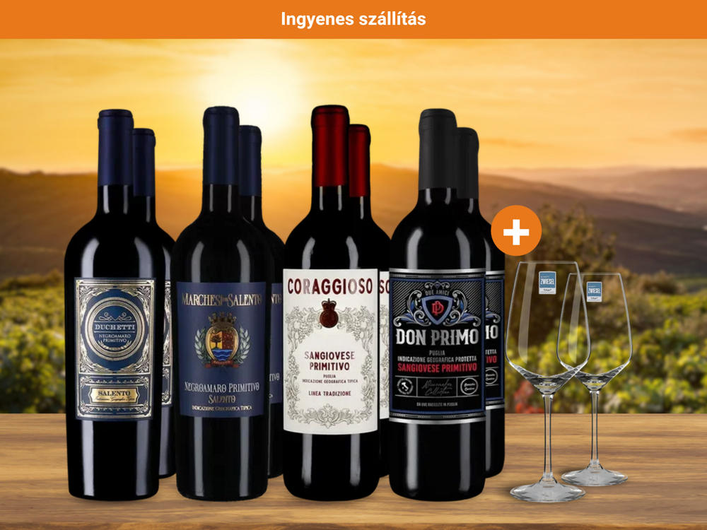 4x2 Primitivo élménycsomag + 2 borospohár